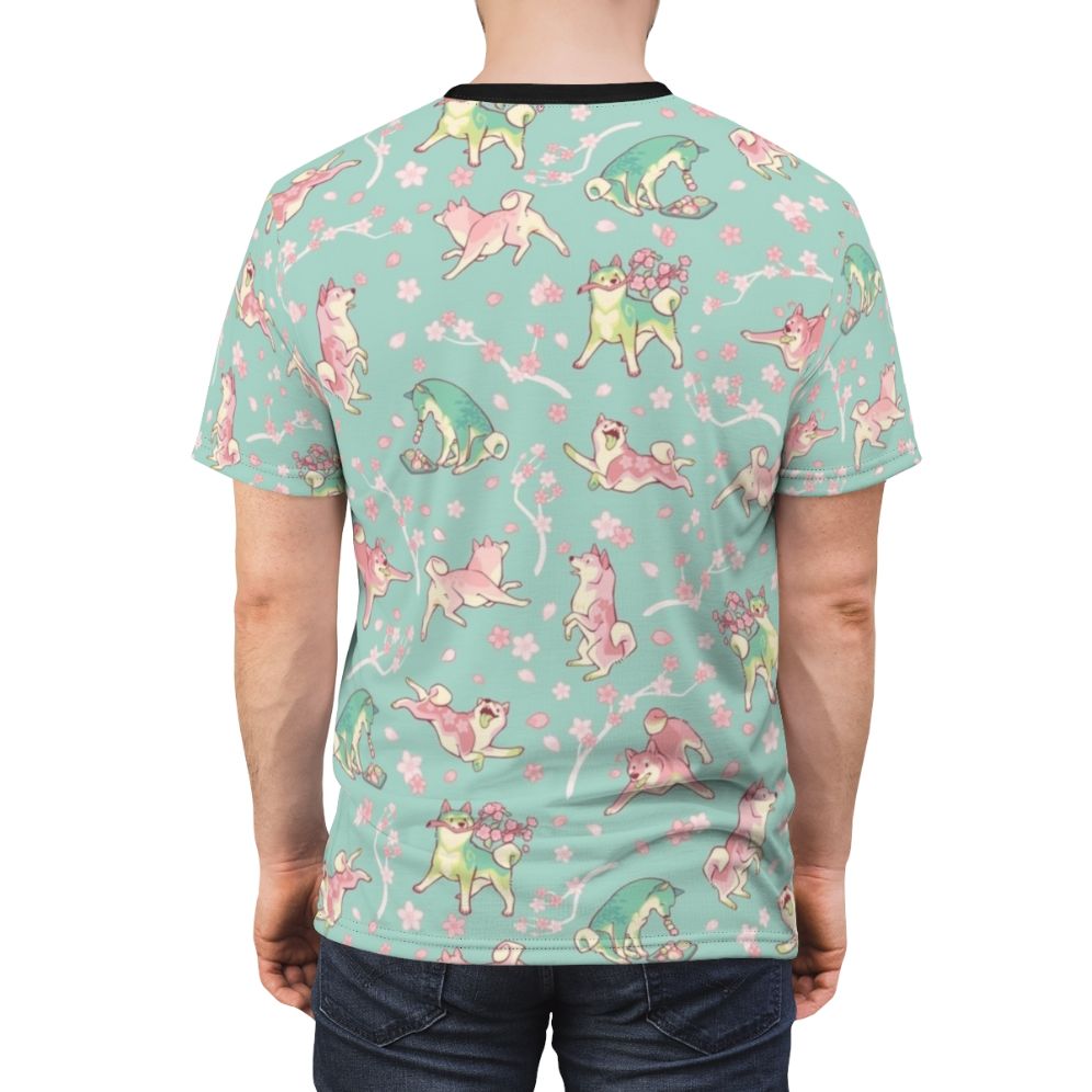 Shiba inu-inspired t-shirt with a sakura and matcha-themed floral pattern in mint green - men back