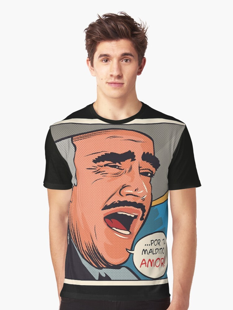 Vibrant graphic t-shirt featuring the iconic Mexican singer Vicente Fernandez in traditional charro attire. - Men