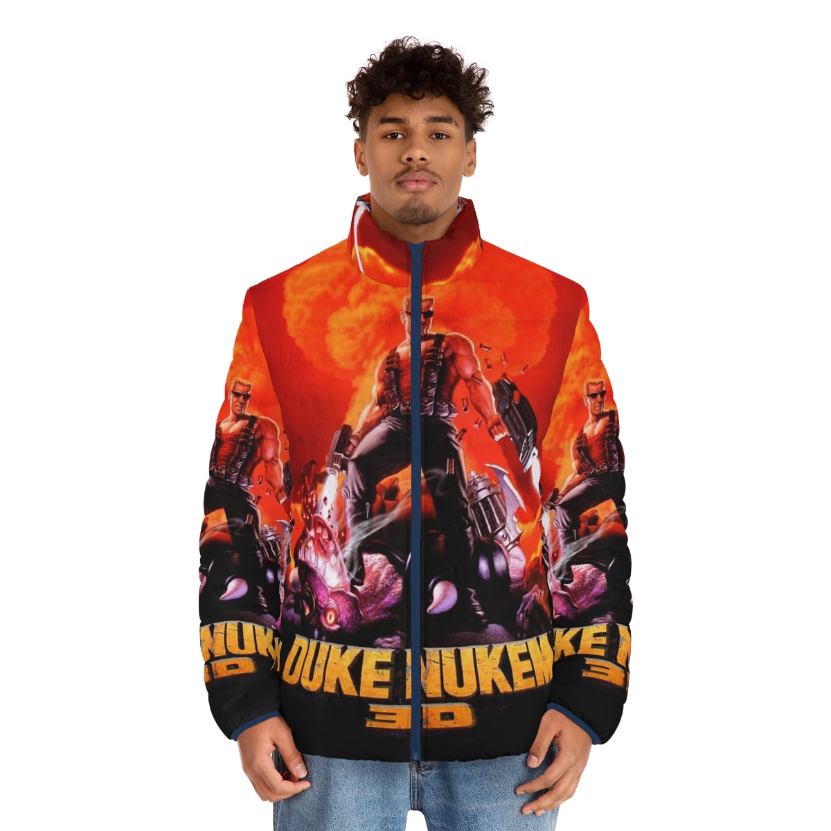 Duke Nukem 3D retro game print puffer jacket with high contrast graphics - men front