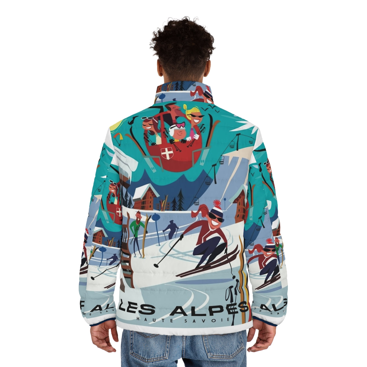 Retro Les Alpes ski poster puffer jacket featuring alpine mountains, skiing, and chalet lifestyle - men back