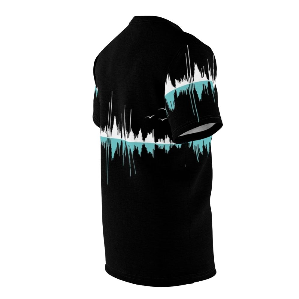 Black and white graphic t-shirt with a sound wave and city skyline design - men right