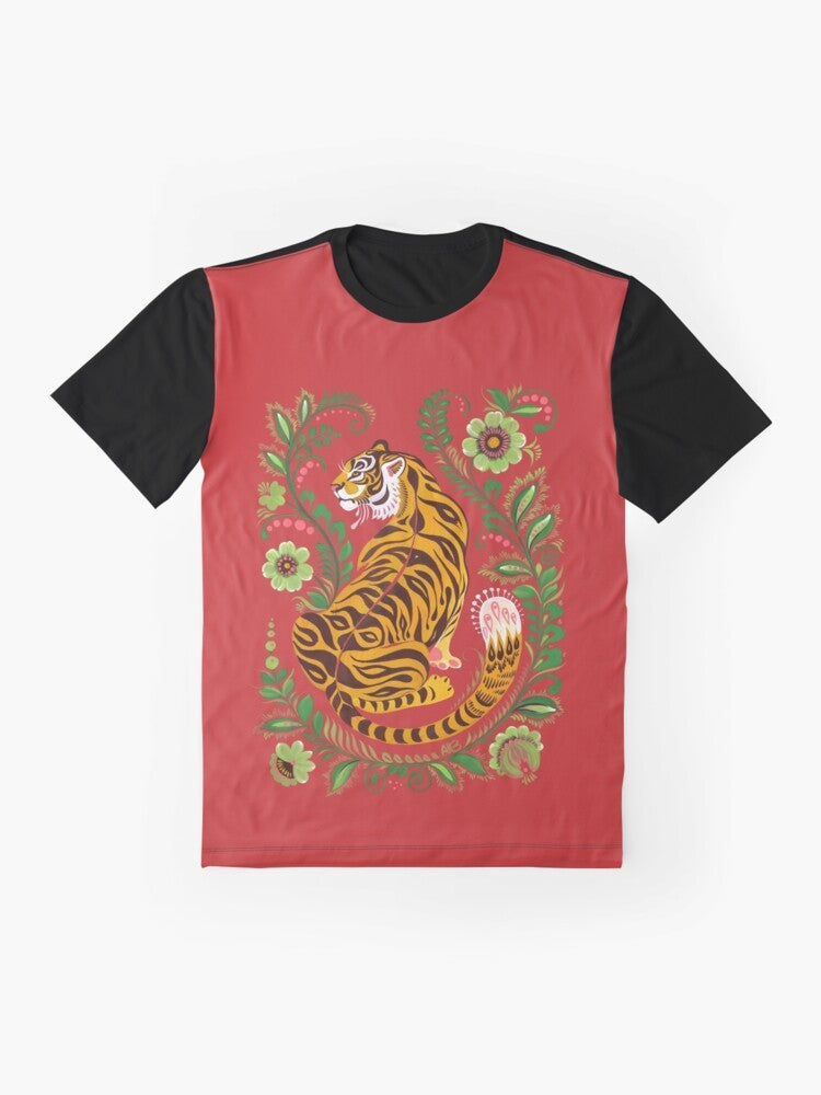 Vibrant tiger in folk art style graphic t-shirt - Flat lay