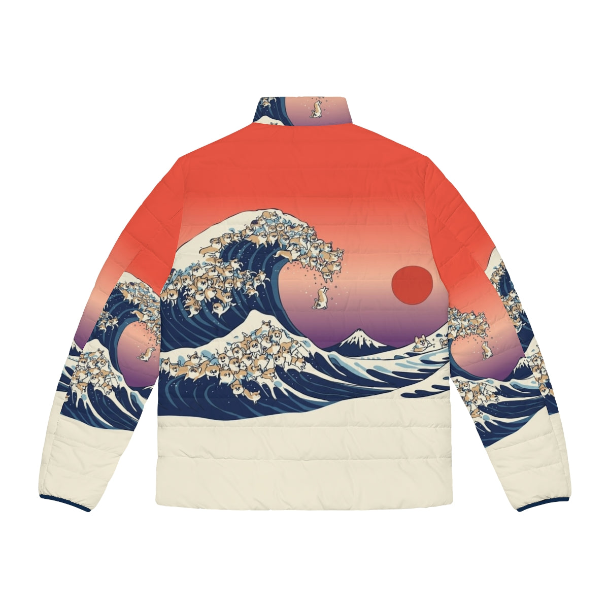 Corgi wearing a puffer jacket with the famous "Great Wave off Kanagawa" design - Back