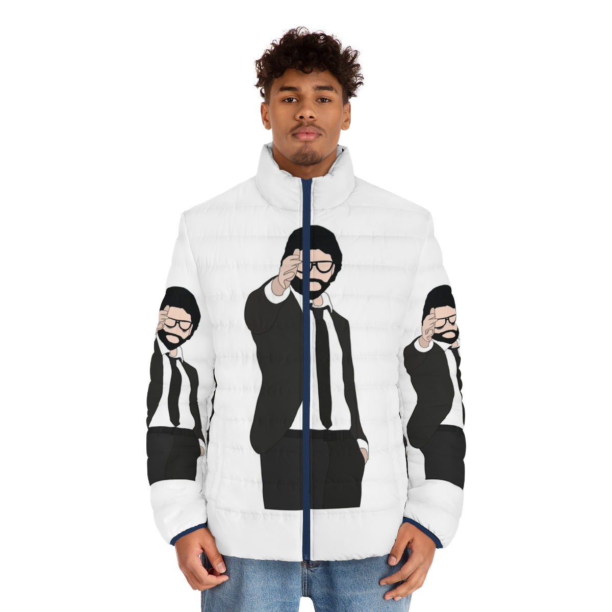 The Professor Money Heist 2 Puffer Jacket featuring characters from the Netflix series - men front