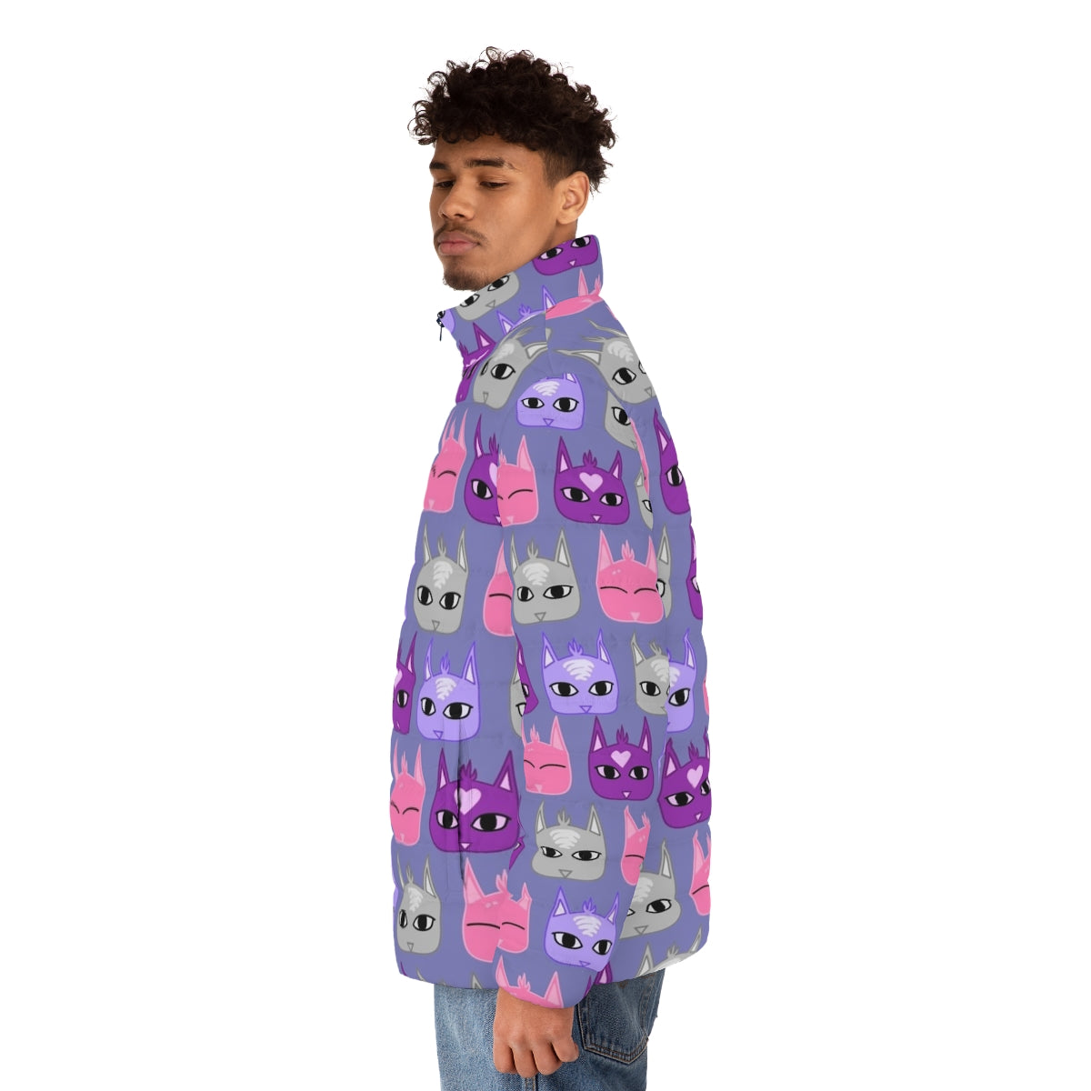 Colorful cats puffer jacket featuring the Dream Daddy Dadsona character - men side left