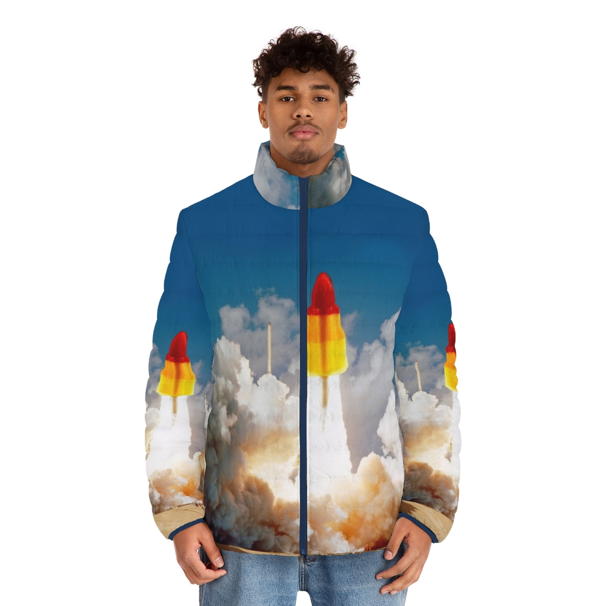 Rocket Lolly Puffer Jacket featuring a space shuttle design - men front