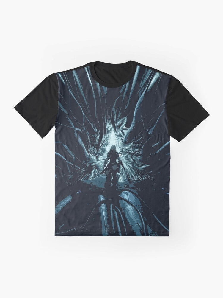 Horizon Zero Dawn Cauldron Graphic T-Shirt featuring Aloy and futuristic robotic elements - Flat lay