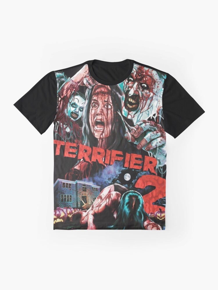 Terrifier 2 horror movie graphic t-shirt with Art the Clown and other characters - Flat lay