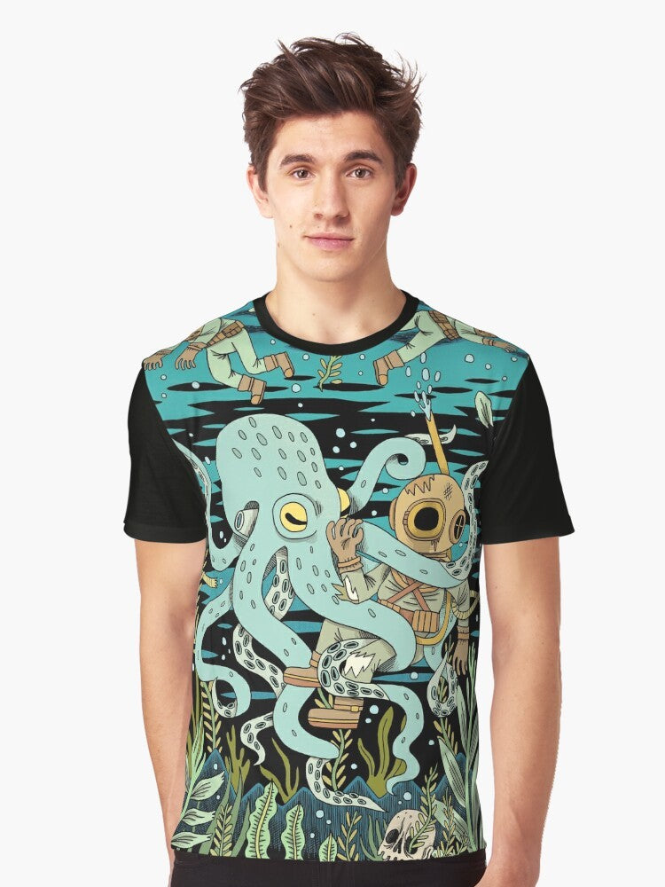 A vintage-inspired graphic t-shirt featuring a diver exploring the deep sea, surrounded by ocean life and underwater adventure. - Men