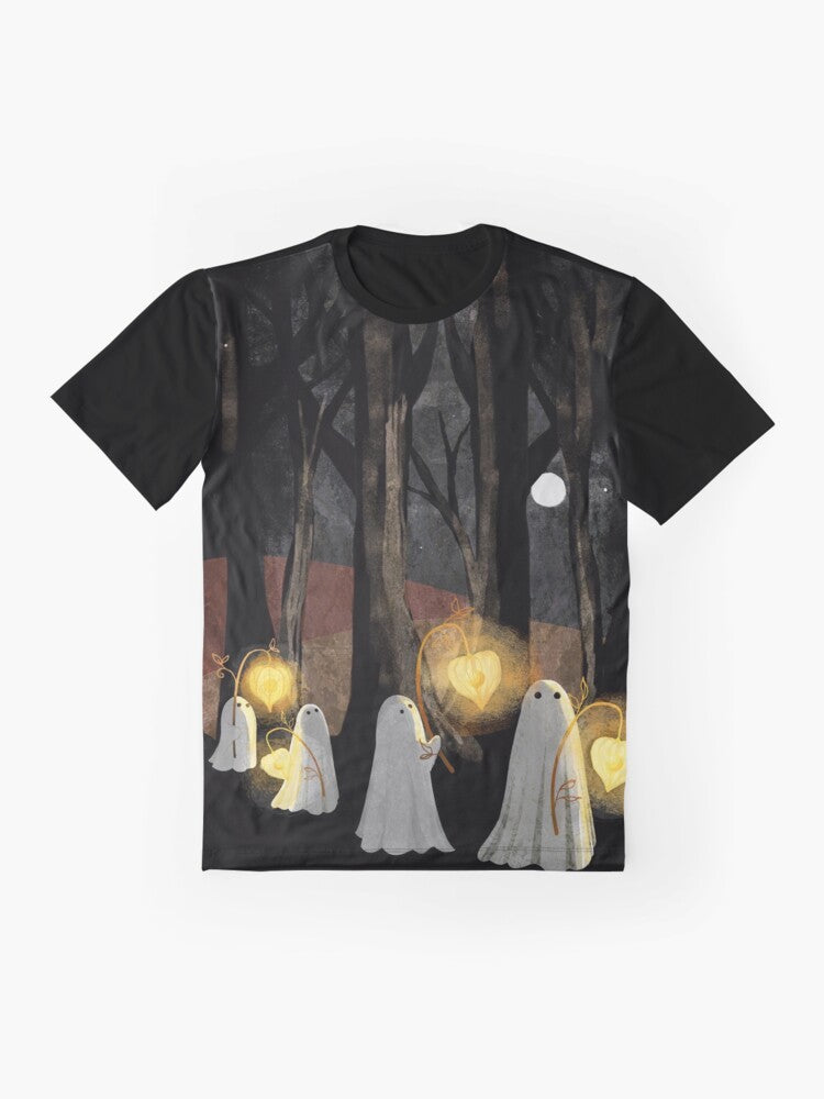 Spooky ghost parade graphic t-shirt with full moon, haunted forest, and glowing lanterns - Flat lay