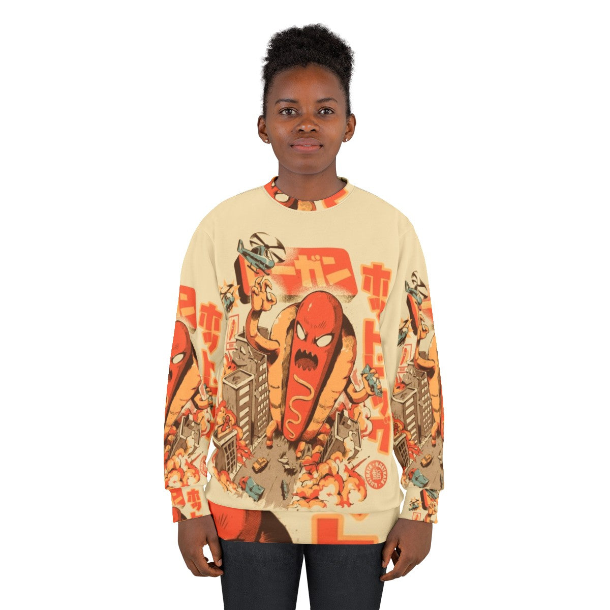 Retro hot dog sweatshirt with Japanese-inspired funny anime monster design - women