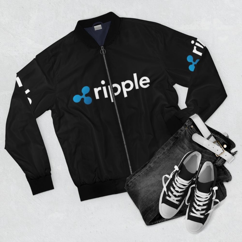 Ripple (XRP) Crypto Bomber Jacket with Ripple logo and text - Flat lay