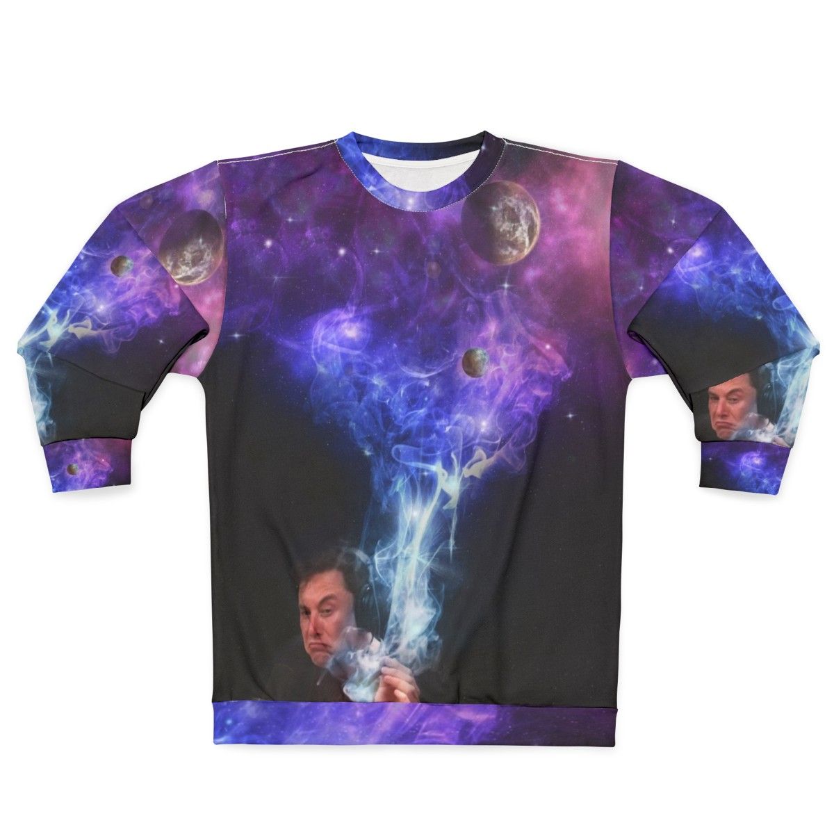 Elon Musk smoking the universe in a cozy sweatshirt