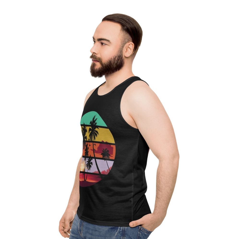 Unisex tank top with tree silhouette and sunset landscape - men side