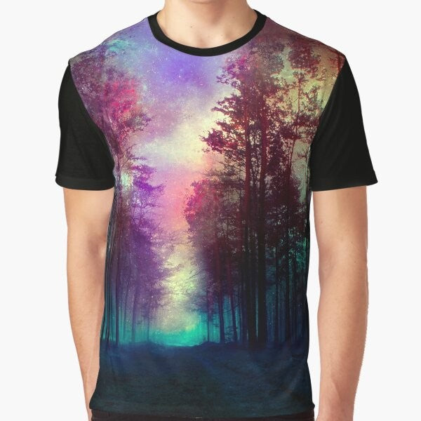 Magical forest landscape graphic design on t-shirt with nature, stars, and colors