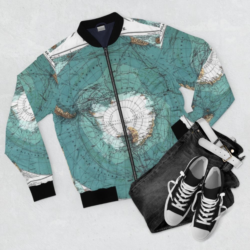 Vintage Antarctica map printed on a classic bomber jacket - Flat lay