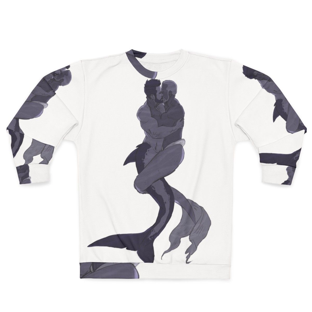 "Mermen in Love LGBTQ Sweatshirt featuring two muscular mermen embracing"