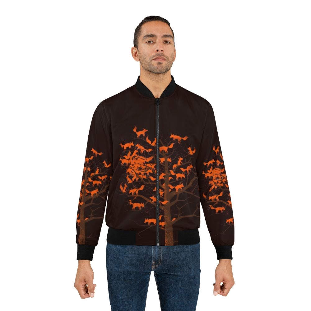 Blazing Fox Tree Bomber Jacket featuring an autumn nature design with a fox and trees - Lifestyle