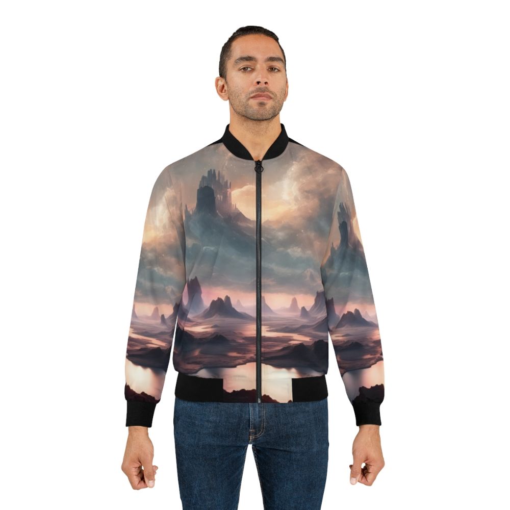 A bomber jacket featuring a cosmic fantasy sci-fi landscape graphic design. - Lifestyle