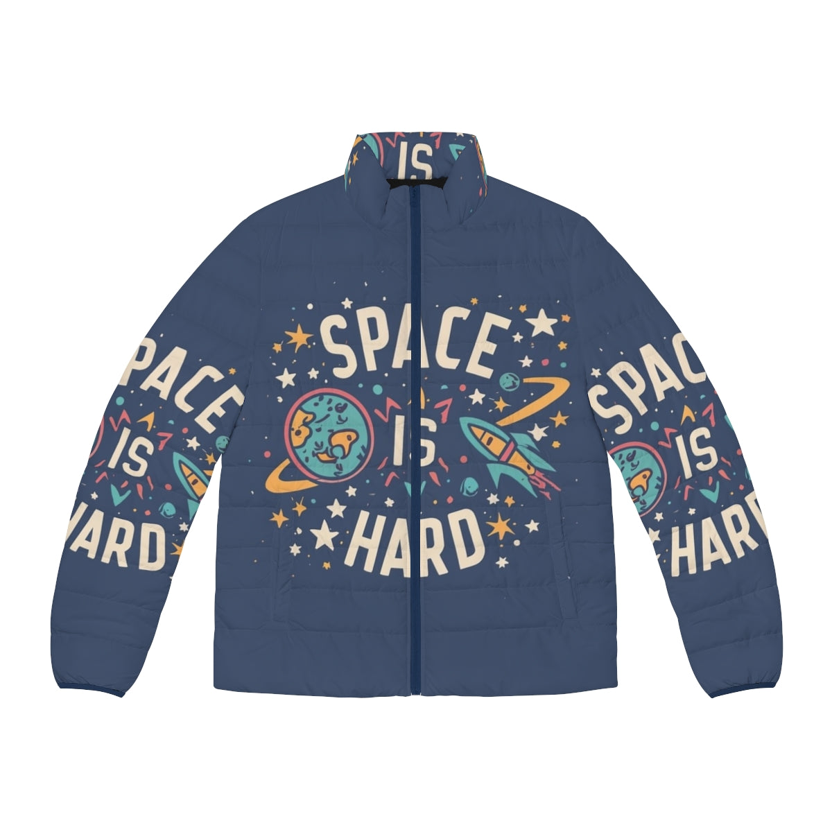 Space Force Quotes Puffer Jacket featuring a sleek and warm design for outdoor adventures