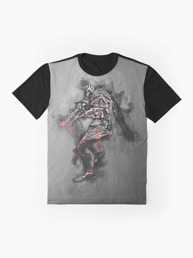 Warframe Ash Ashes Graphic T-Shirt with Tenno and Volt designs - Flat lay