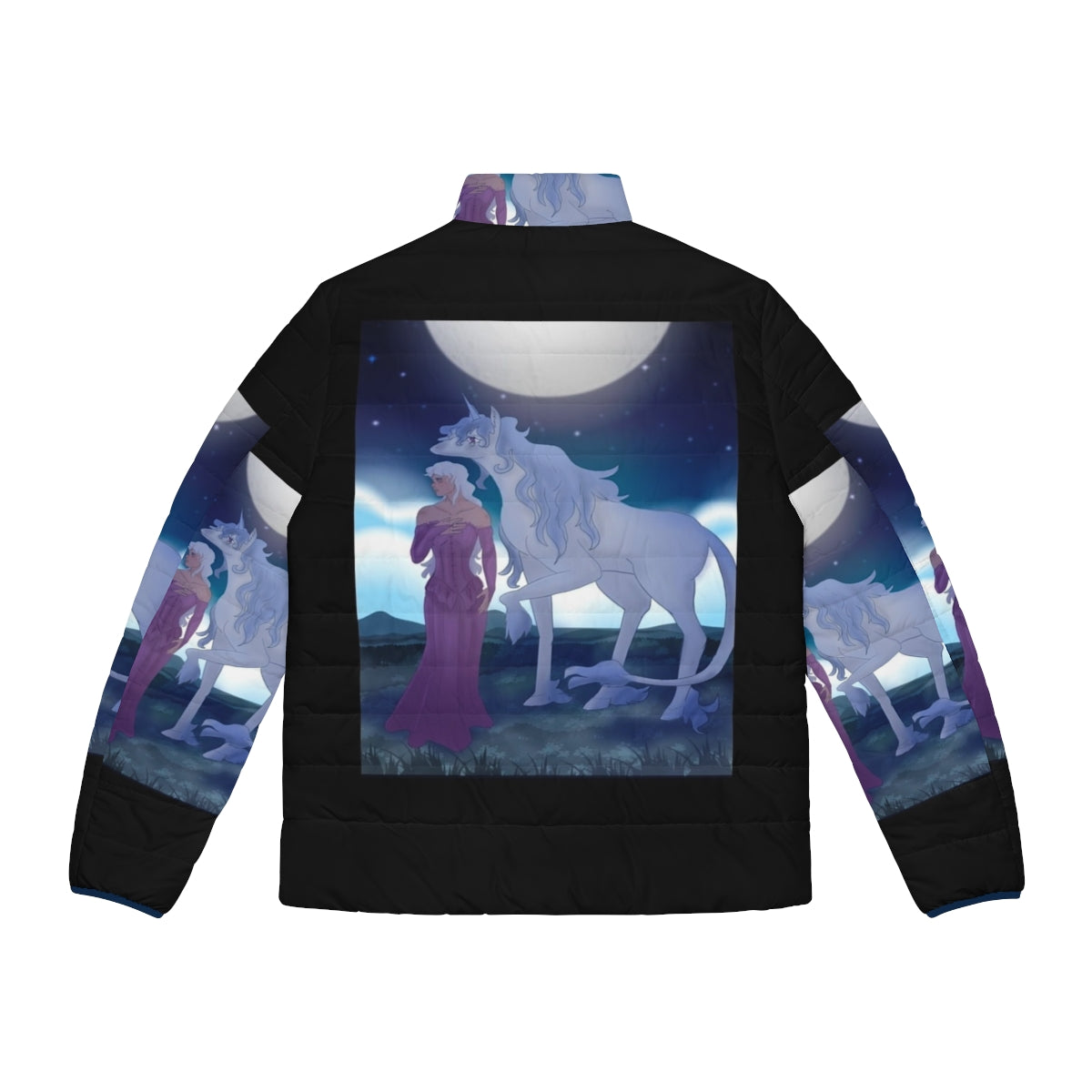 The Last Unicorn puffer jacket featuring original fantasy art of the unicorn Amalthea - Back