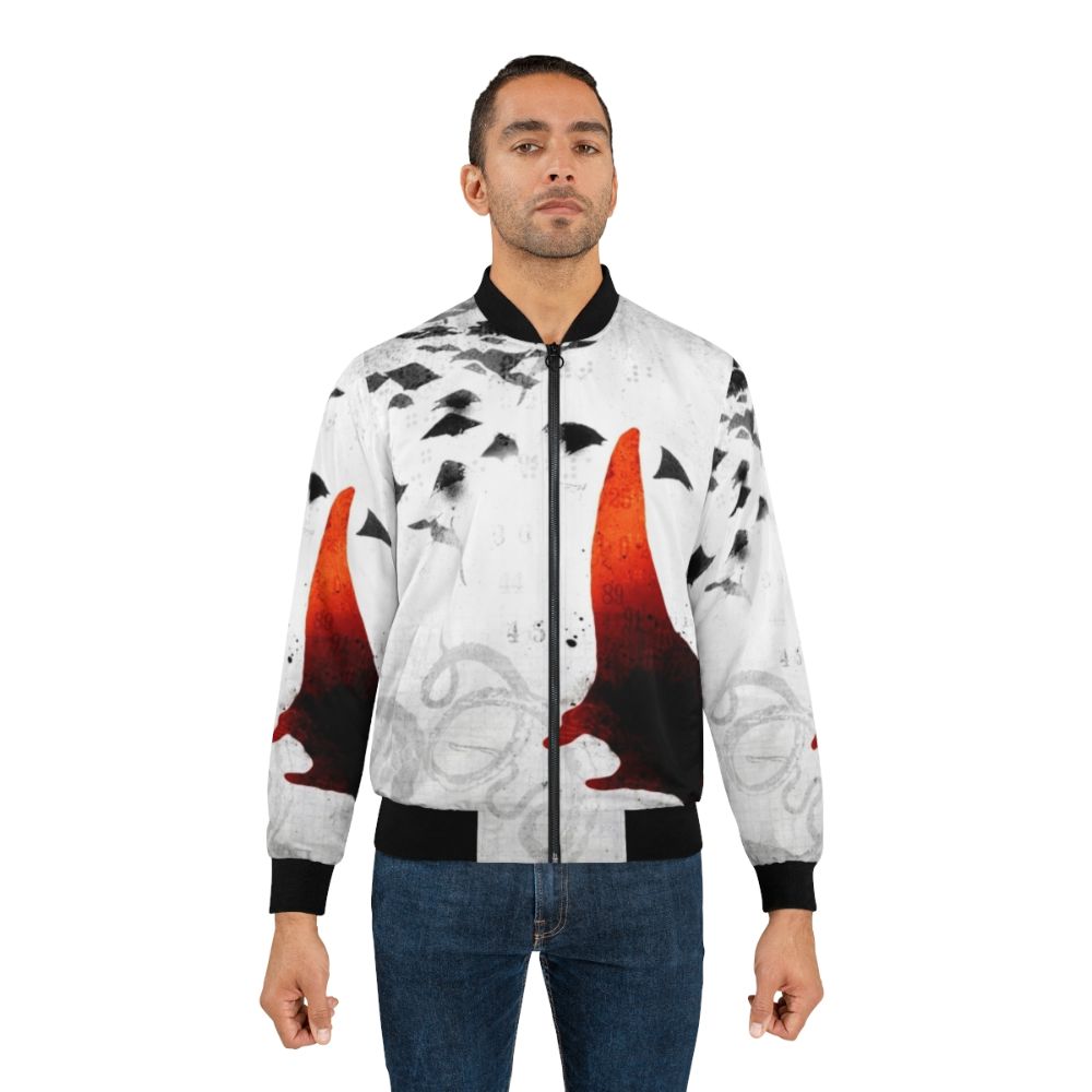 A red bomber jacket with a collage-style design featuring elements of sealife and a gritty, deep-sea aesthetic. - Lifestyle