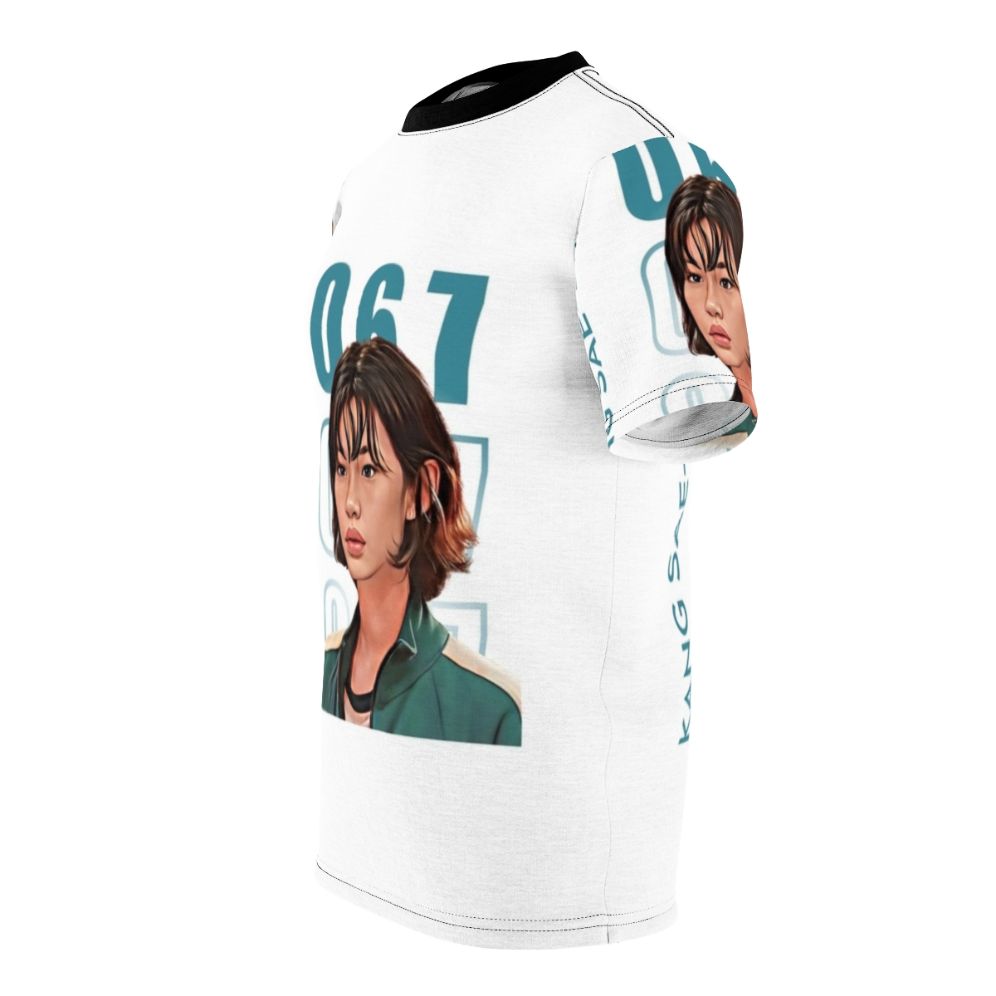 A high-quality, print-on-demand t-shirt featuring fan art inspired by the character Sae Byeok from the popular Netflix series Squid Game. - men left