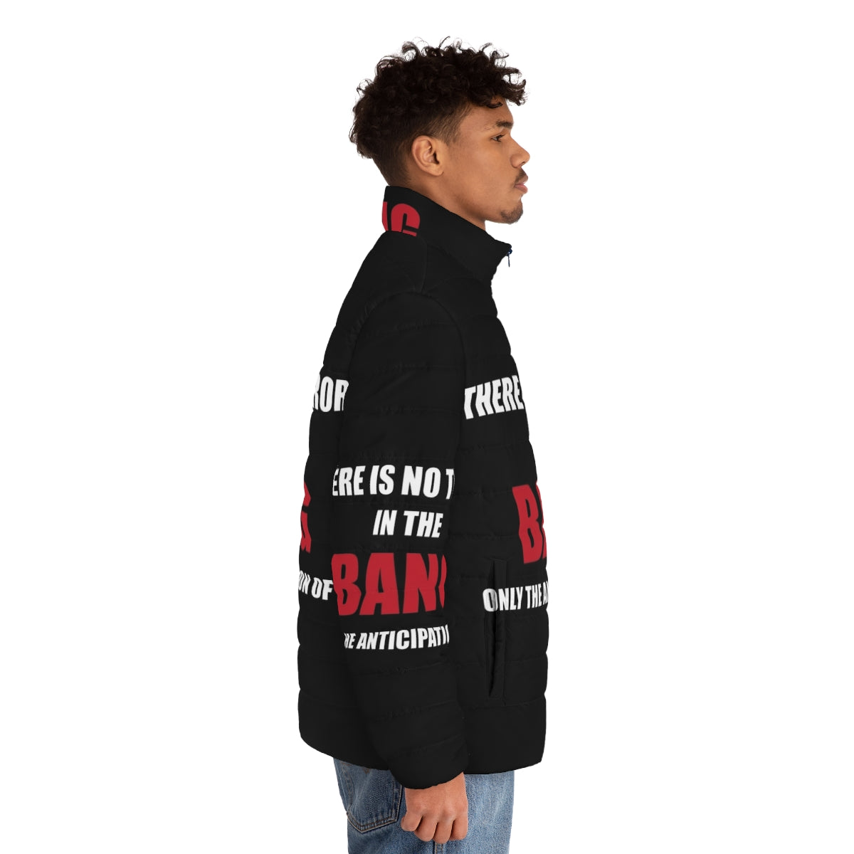 Alfred Hitchcock quote puffer jacket featuring a vintage graphic design - men side right