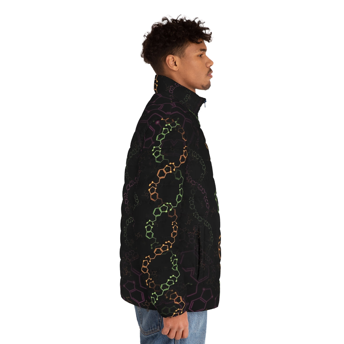 Psychedelic molecule-inspired puffer jacket with trippy, visionary design - men side right