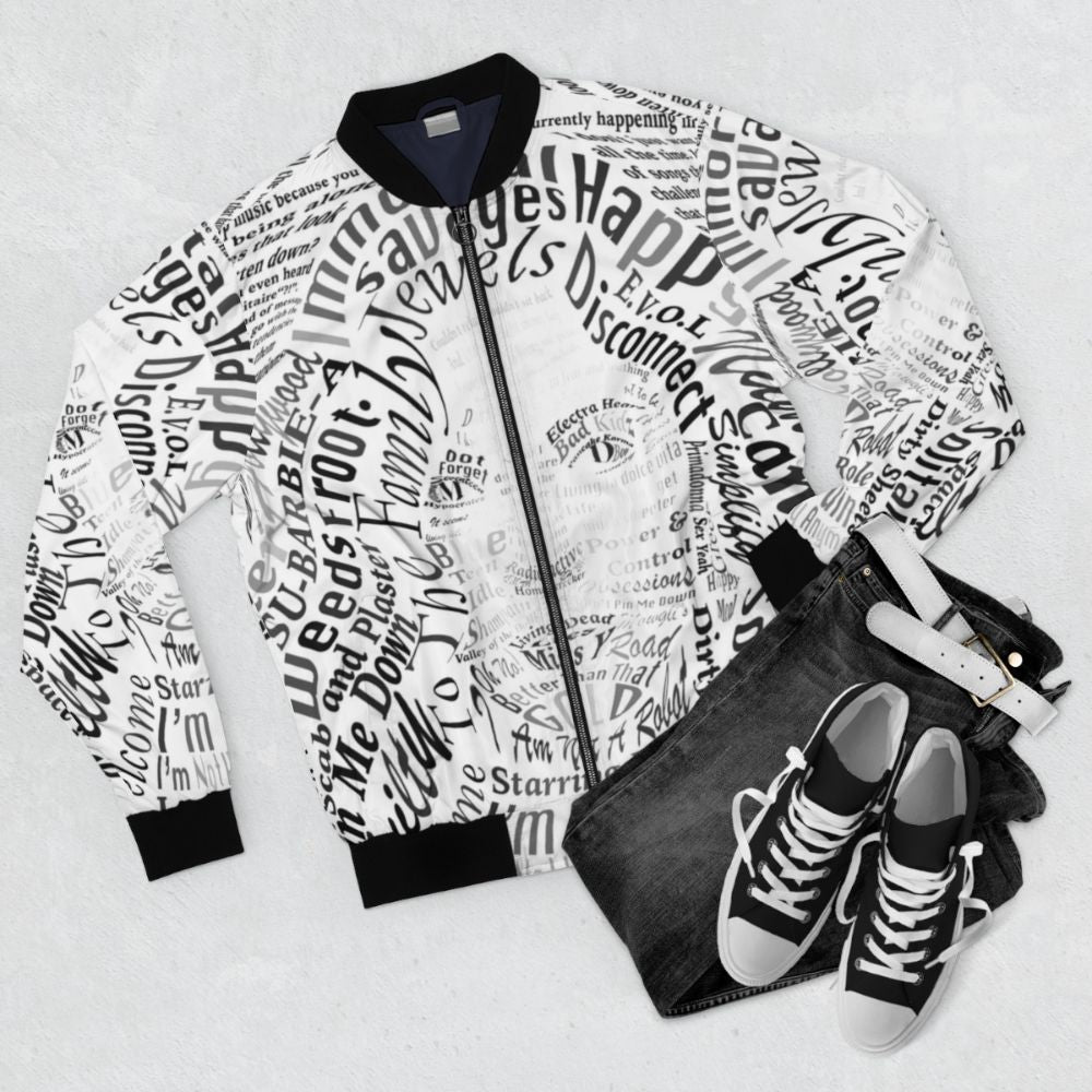 Marina and the Diamonds Froot-inspired bomber jacket featuring design elements from the artist's music - Flat lay