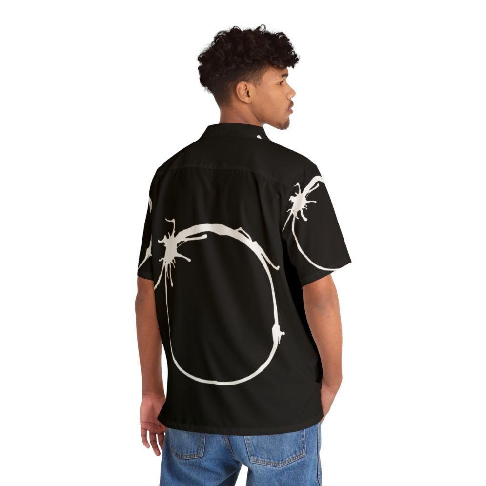 Arrival Human Hawaiian Shirt with Sci-Fi Alien Calligraphy Design - Flat lay