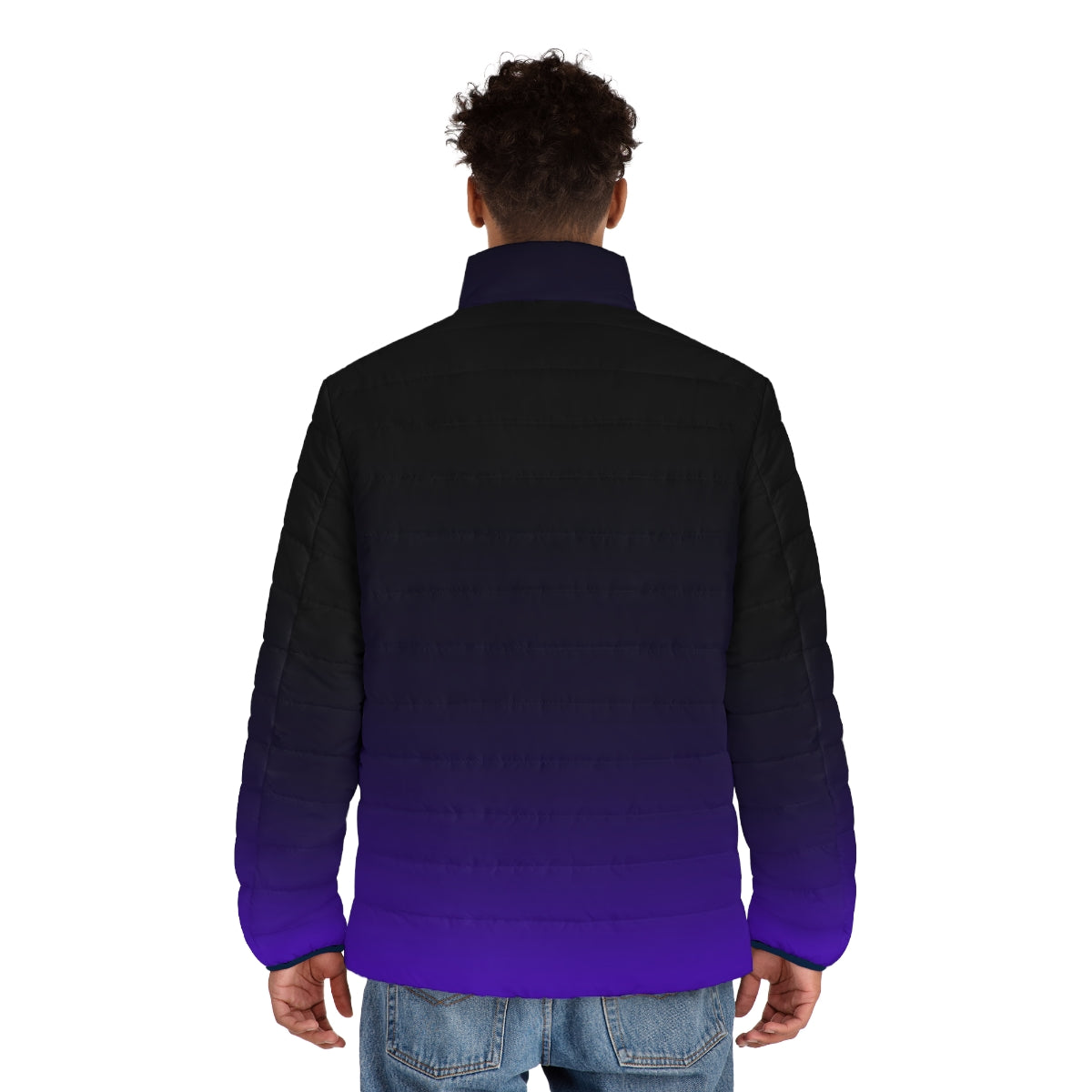 Gradient black and purple puffer jacket with a minimalistic celestial design - men back