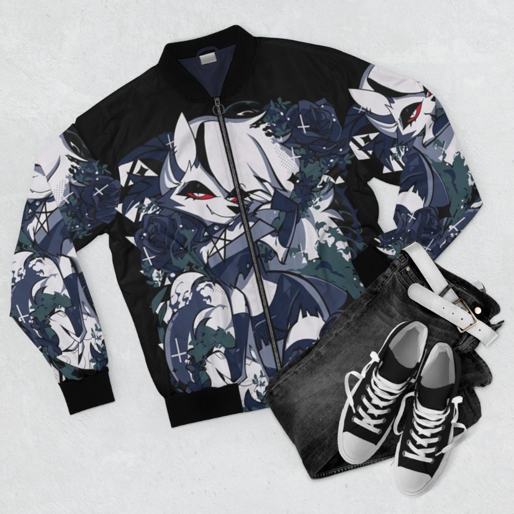 Helluva Boss Loona Bomber Jacket - Cosplay Apparel featuring the character Loona from the Helluva Boss anime/web series. - Flat lay