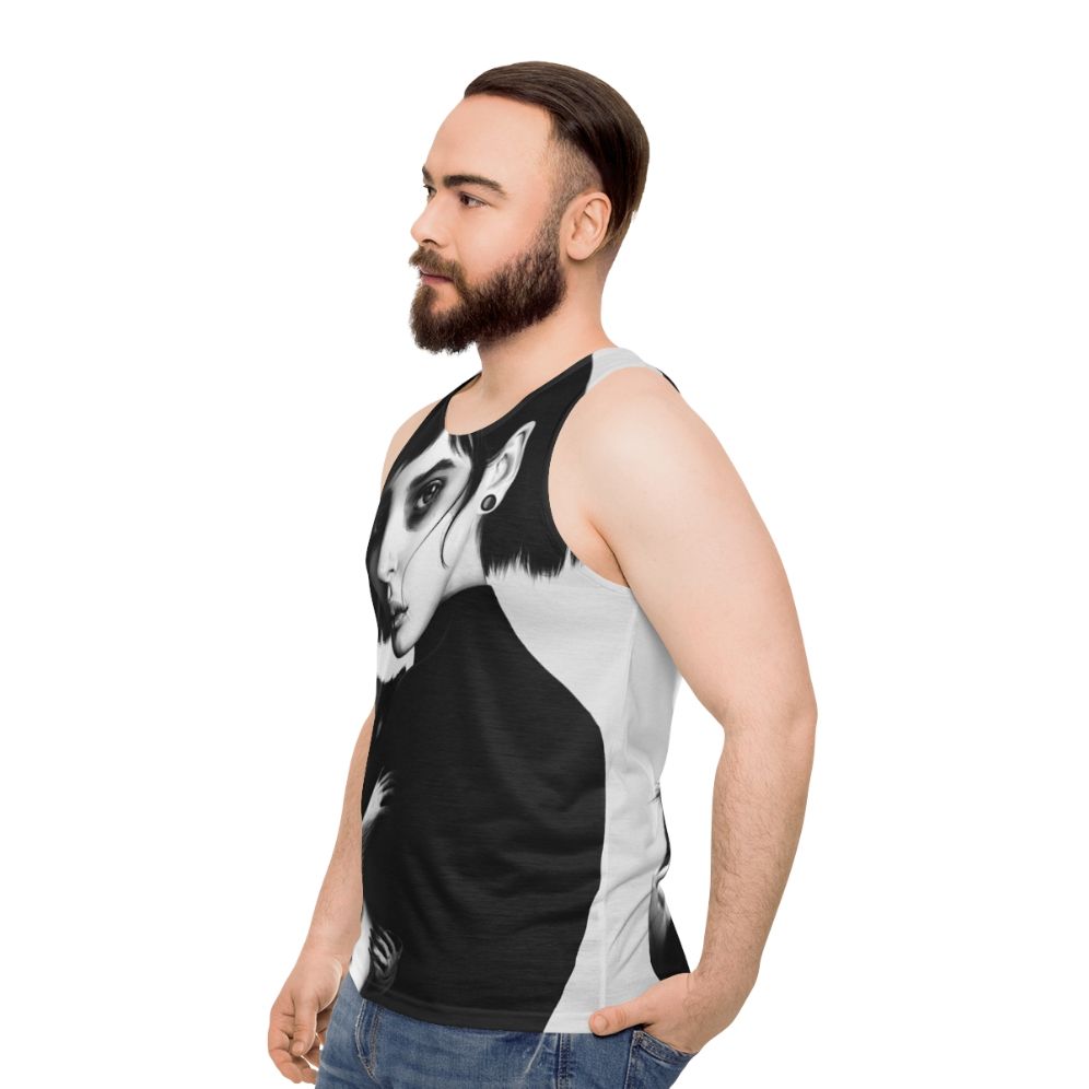 Realistic black and white raccoon portrait pencil art unisex tank top - men side