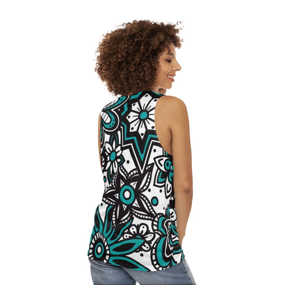 Teal and white floral print unisex tank top - women back