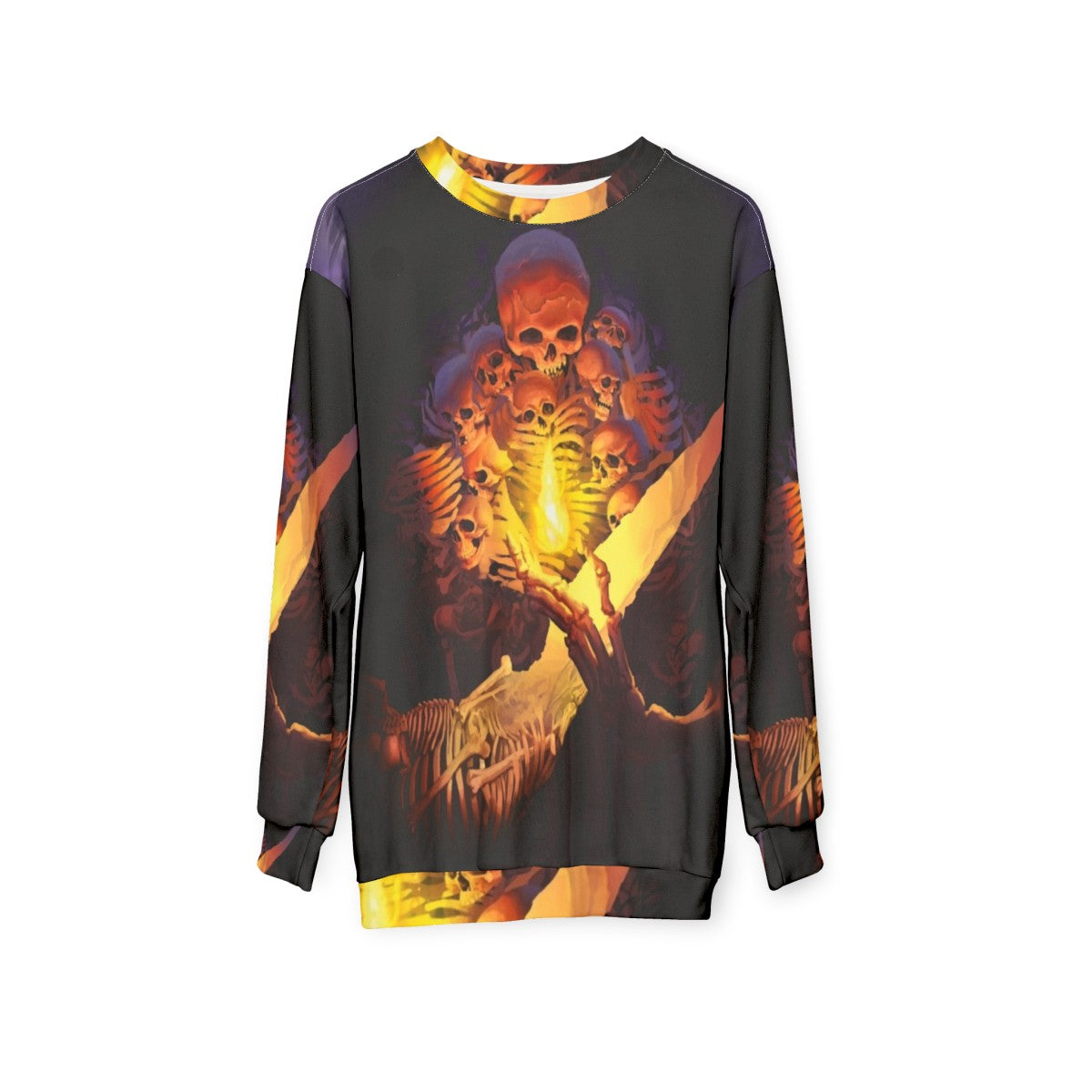 Dark Souls inspired "First Of The Dead" sweatshirt featuring a gothic skull and skeleton design - hanging