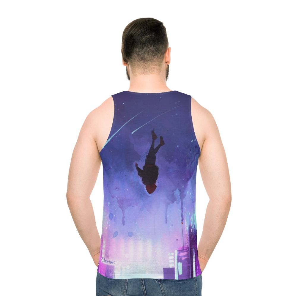 Spiderverse inspired unisex tank top with "What's Up Danger" design - men back