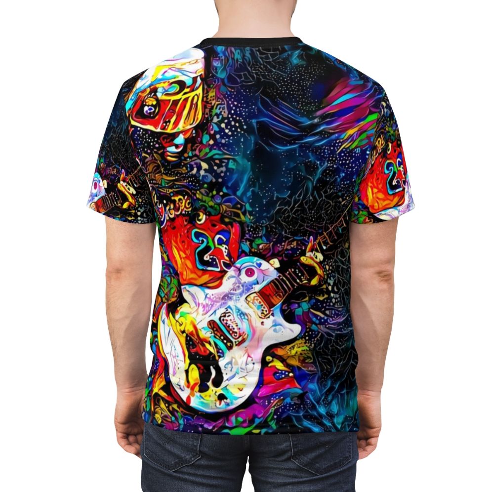 Colorful graphic t-shirt featuring abstract fan art design of musician Buckethead - men back