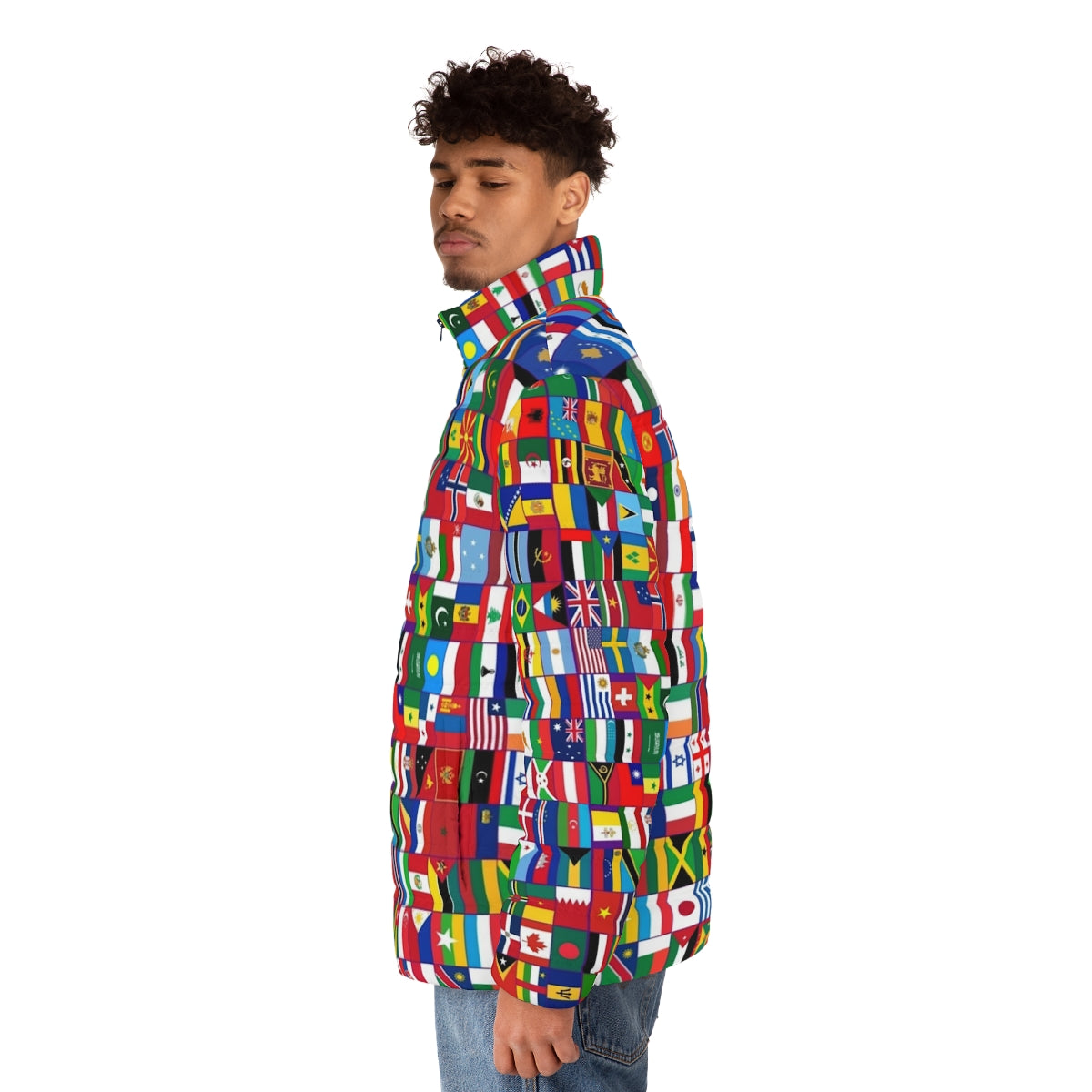 Flags of the World Puffer Jacket featuring colorful national flags from around the globe - men side left