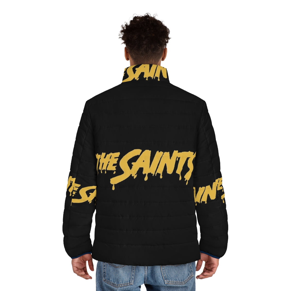 The Saints Puffer Jacket, a stylish and warm outerwear piece featuring a punk-inspired design - men back