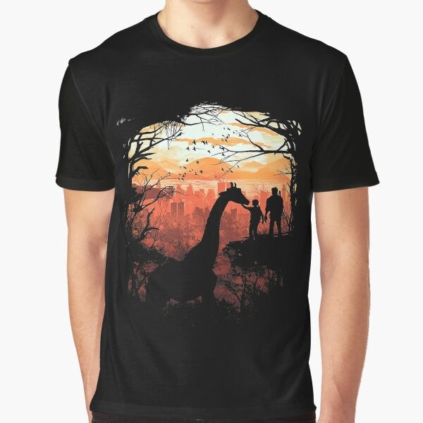 The Last of Us graphic t-shirt featuring a nature-inspired design with a giraffe, sunset, and forest