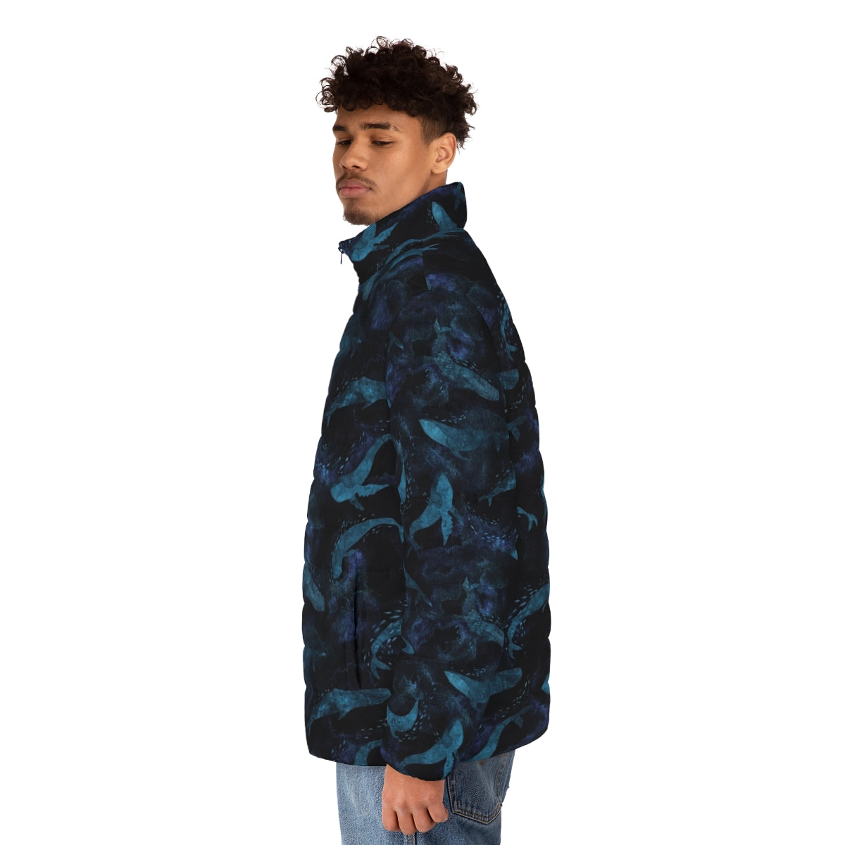 Indigo blue puffer jacket featuring whales and marine life design - men side left