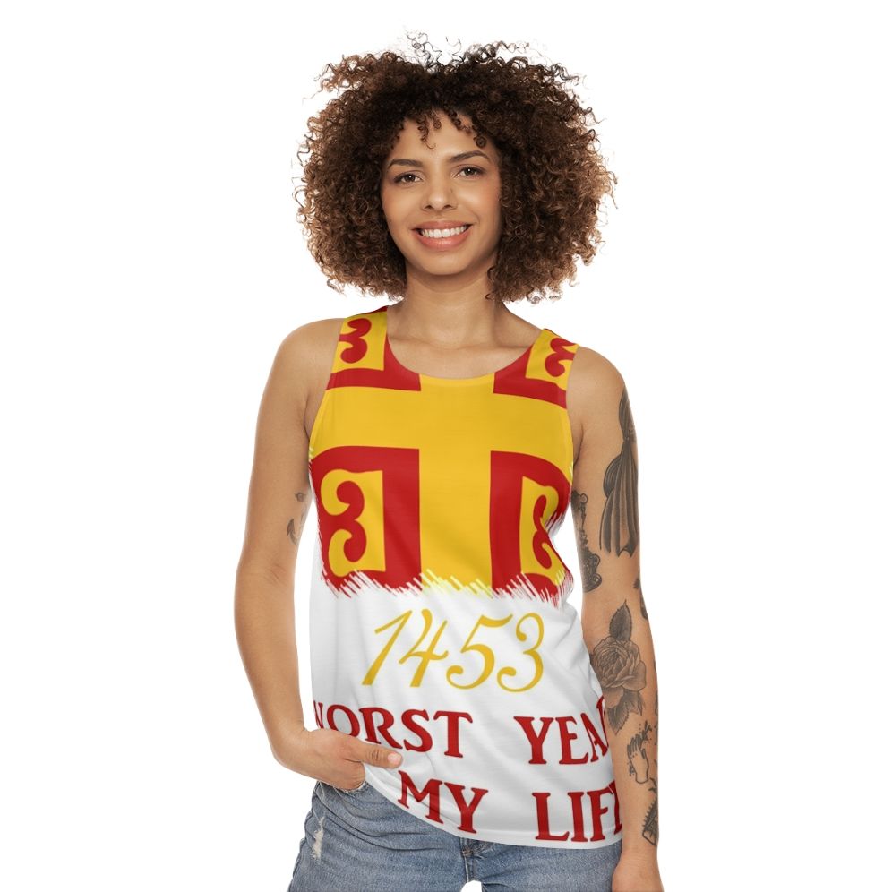 Unisex tank top with "1453: Worst Year of My Byzantine Life" design - women