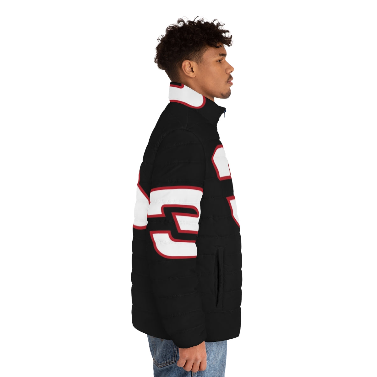 A black and white puffer jacket with the number 3 design, representing the iconic legacy of Dale Earnhardt in NASCAR racing. - men side right