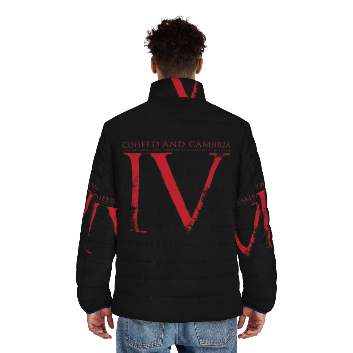 Coheed and Cambria IV Puffer Jacket featuring the band's iconic album artwork - men back