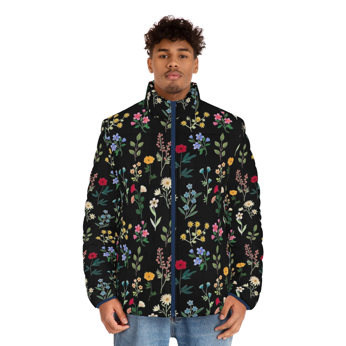 Spring Botanicals Black Puffer Jacket with Floral Pattern - men front