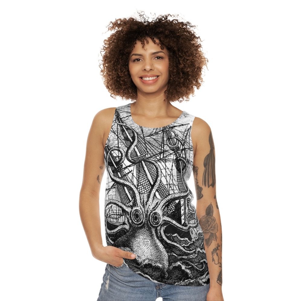 Vintage Kraken Attacking Pirate Ship Illustration Tank Top - women