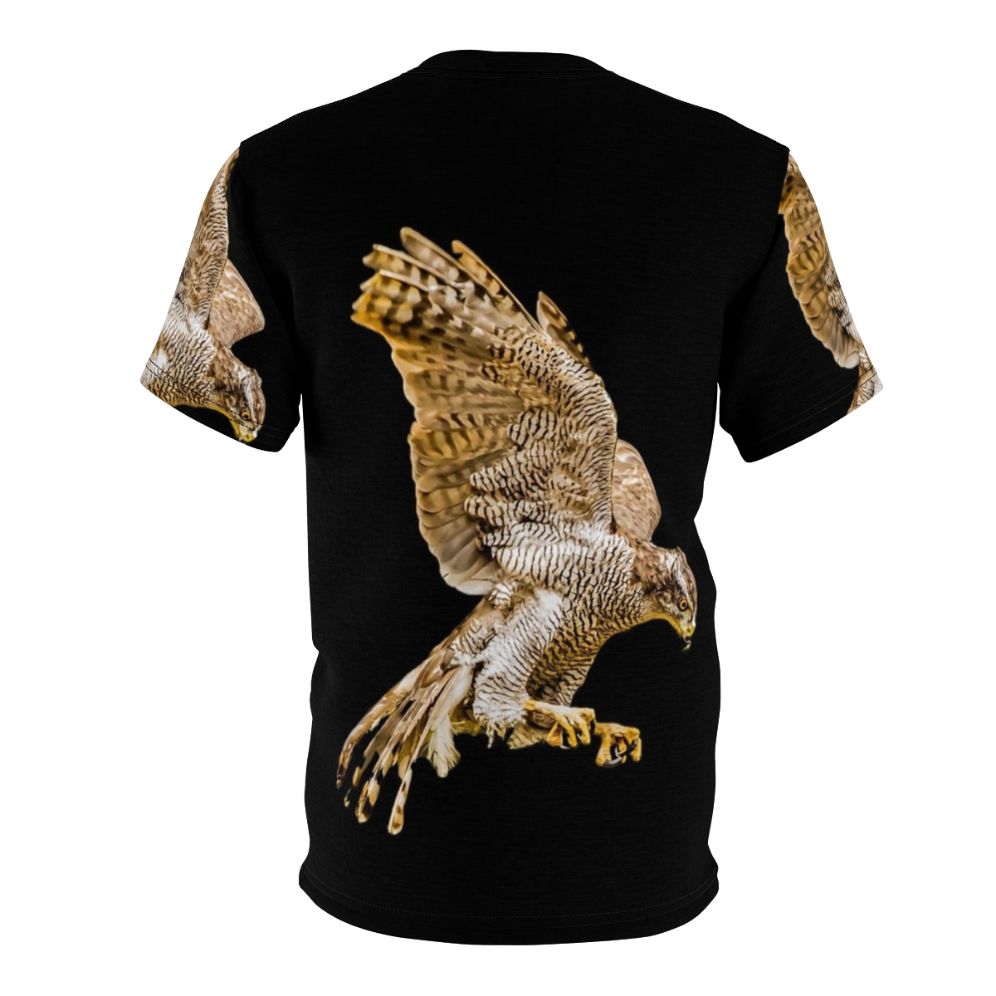 Vibrant illustration of a northern goshawk, a majestic bird of prey, on a high-quality t-shirt. - Back