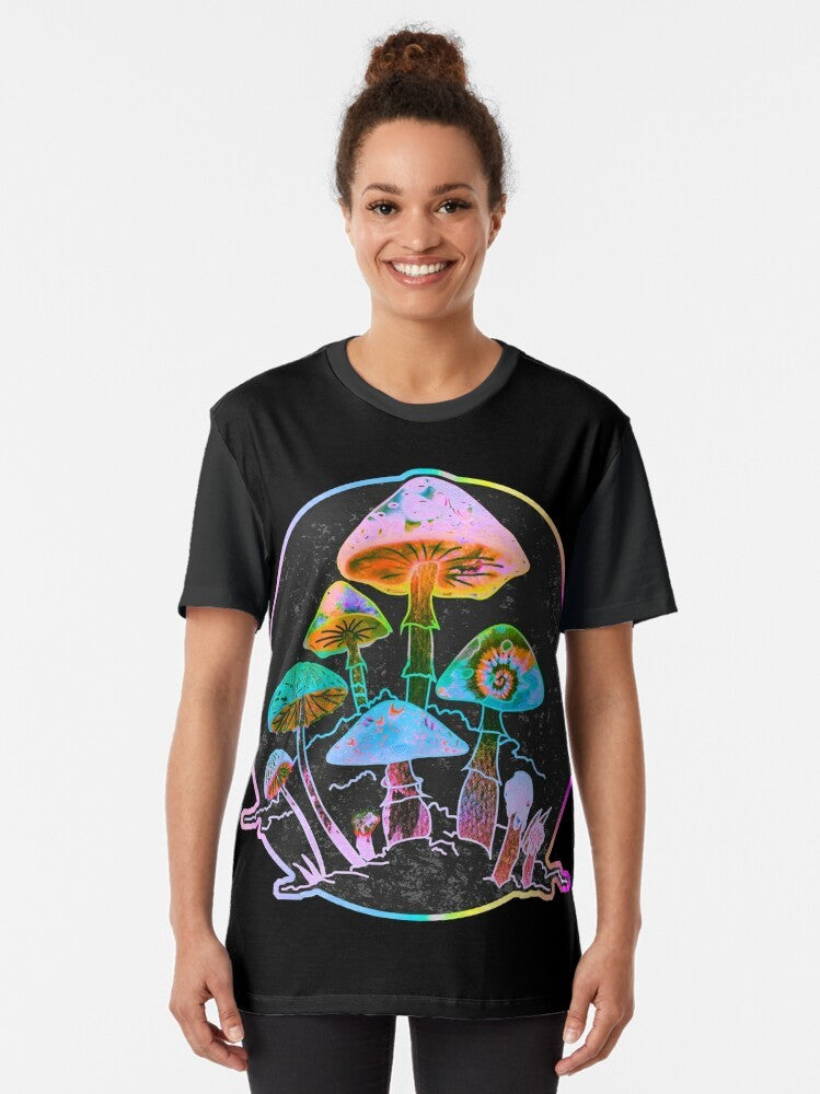 Colorful, trippy graphic t-shirt featuring a psychedelic mushroom galaxy design - Women